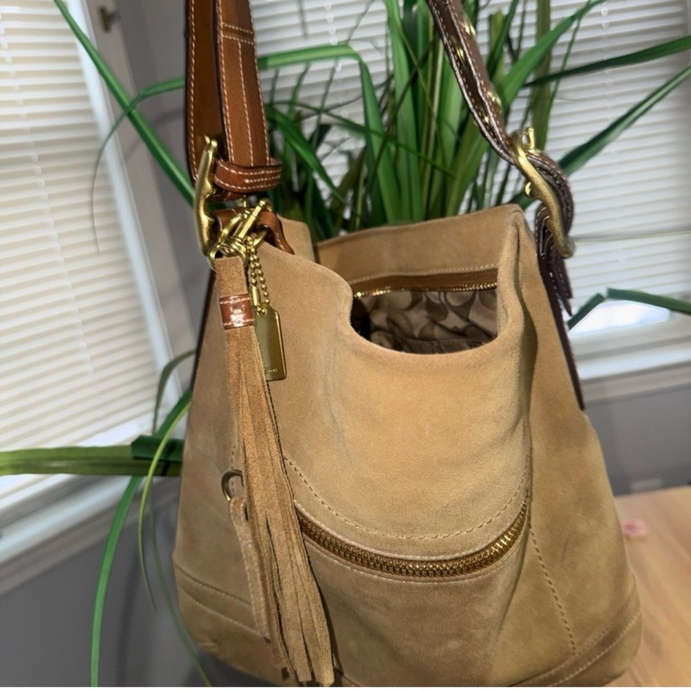 Coach Tan Suede Shoulder Bag with Gold Accents